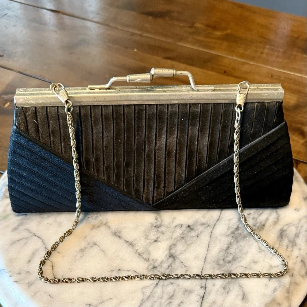 VTG 60s MCM Black Pleated Fabric Silver Chain Patina Evening Clutch Purse 9x4